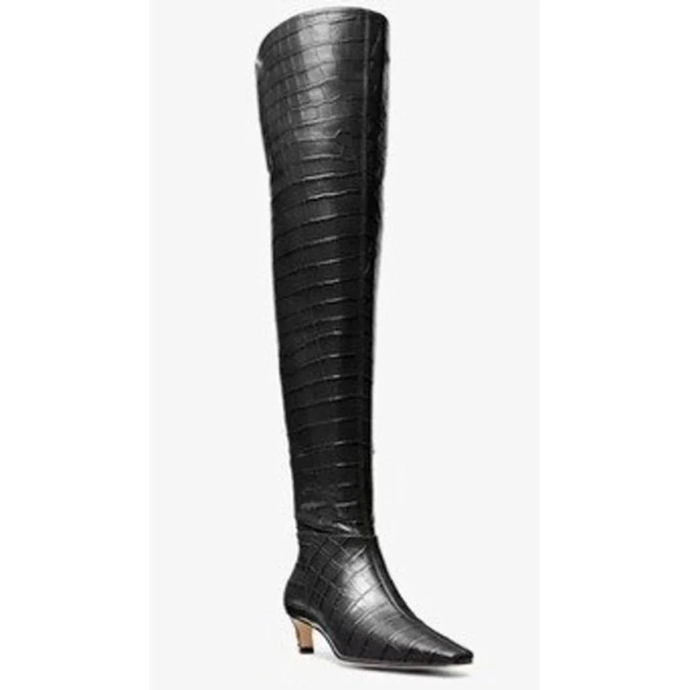 Michael Kors Cosmo Black Croc Embossed Leather Over the Knee Kitten Heel 7.5